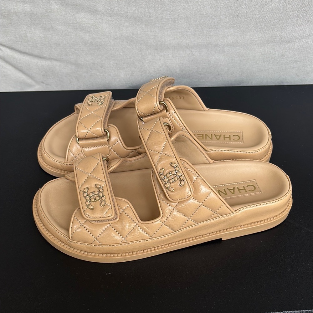 CHANEL Tan Quilted Slide Sandals - Picture 2 of 4